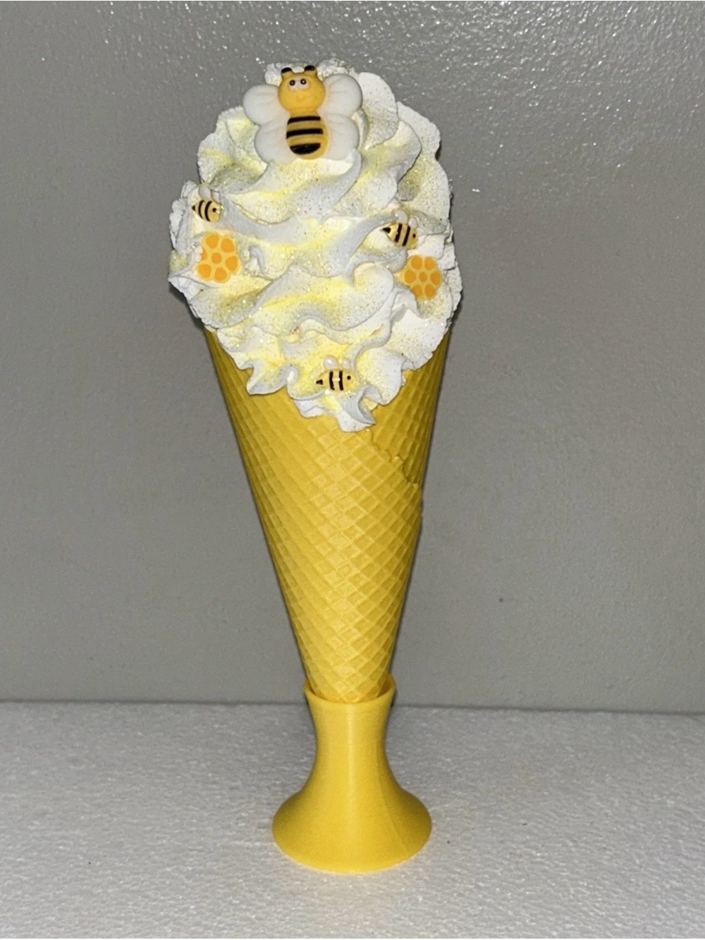 Yellow Bee Themed Fake Whip Ice Cream Cone Decorative Accent Handmade